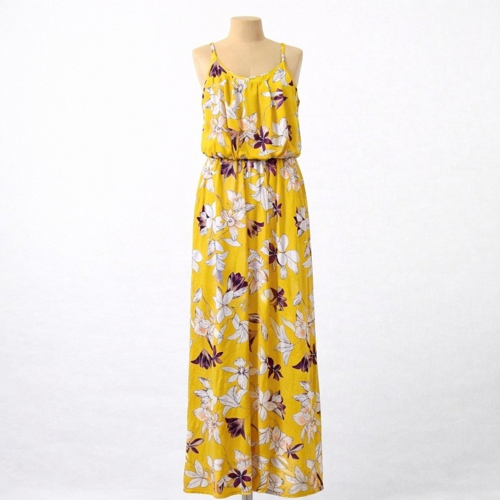 Boho Floral Maxi Dress Yellow Spaghetti Strap Sleeveless XL Euro Beach Resort